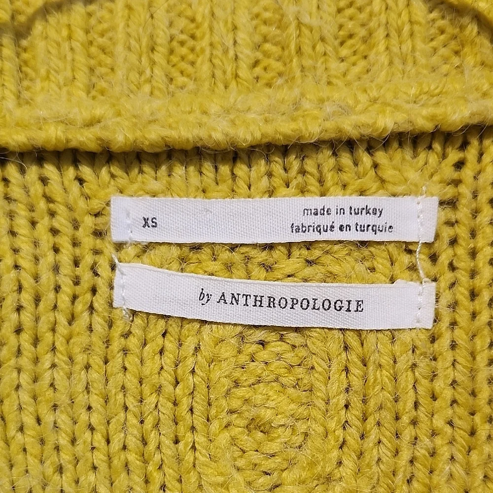Anthropologie Lime Yellow Cropped Chunky Cable Knit Quarter Zip Sweater XS
